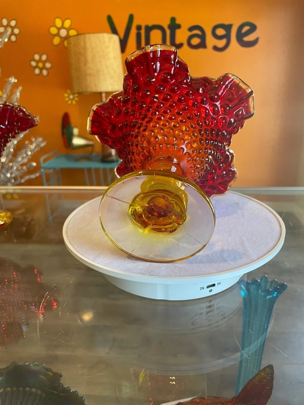 Vintage Fenton Amberina Hobnail Compote UV Reactive Ruffled Pedestal